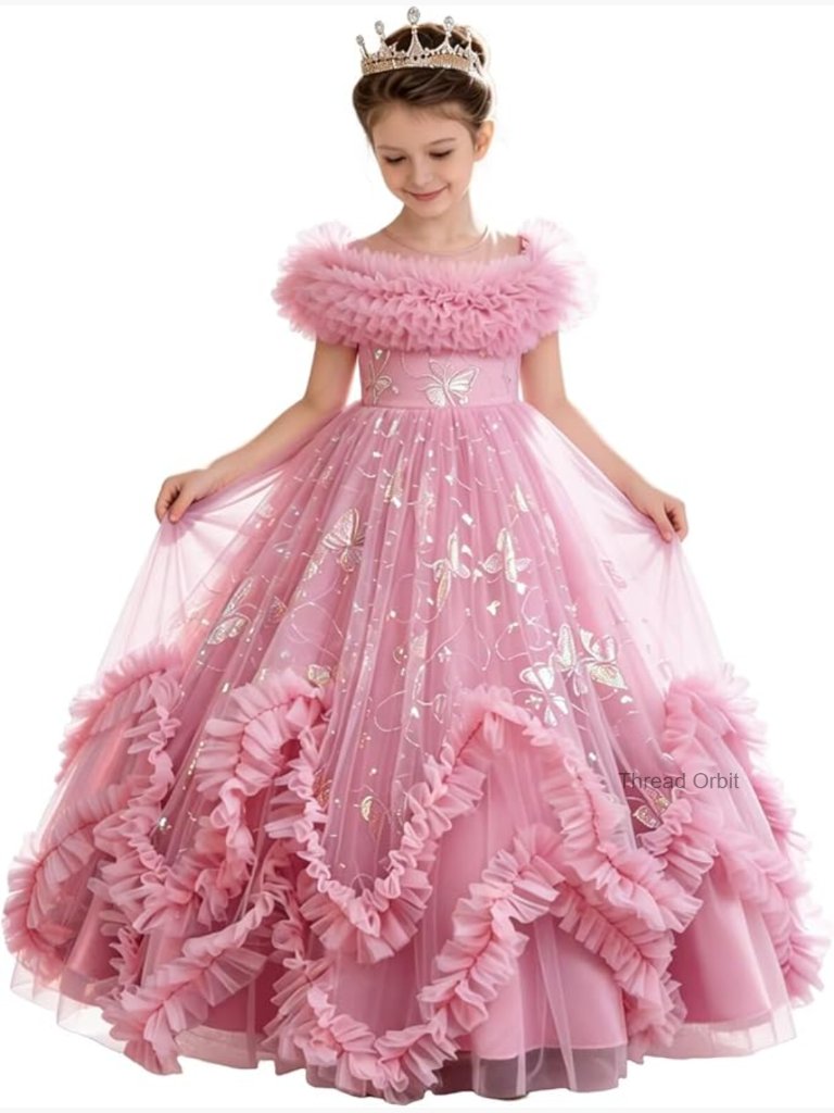 Girls Princess Dress Tulle Ruffles Butterfly Embroidery Party Ball Gown 4-10